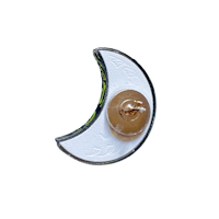 a crescent moon brooch on a black background